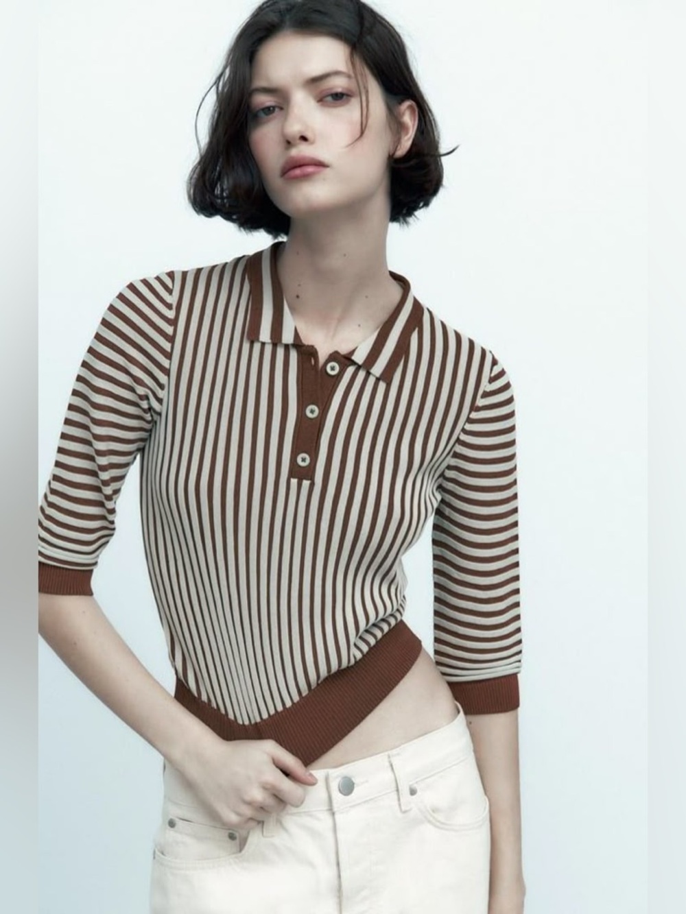 ZARA Brown Green Striped Knit Polo Top Size Large